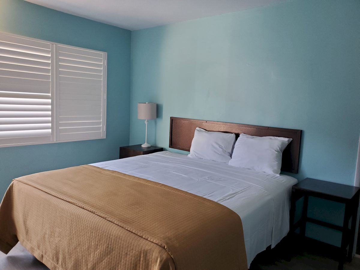 The image shows a neatly made bed with white and brown linens in a room with light blue walls, a window with shutters, a lamp, and two side tables.